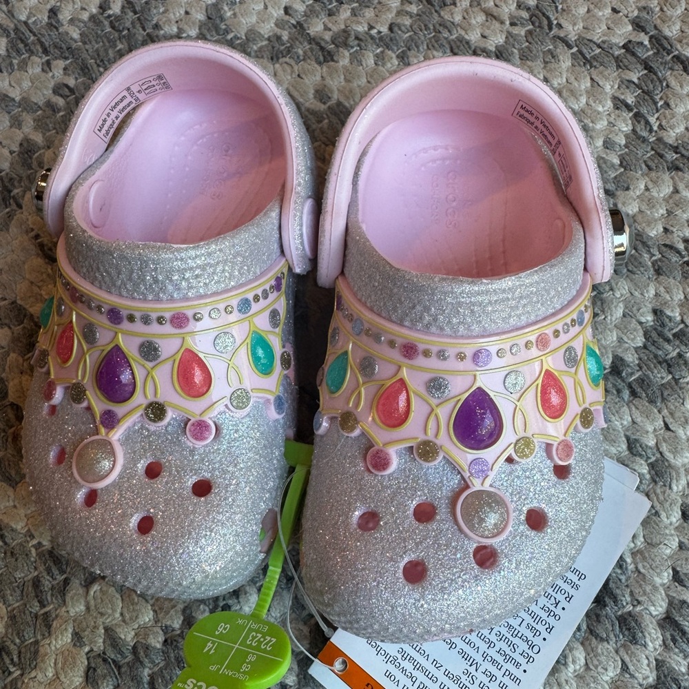 CROCS Kids' Glitter Teardrop Clogs in Pink with Multicolor Jewels